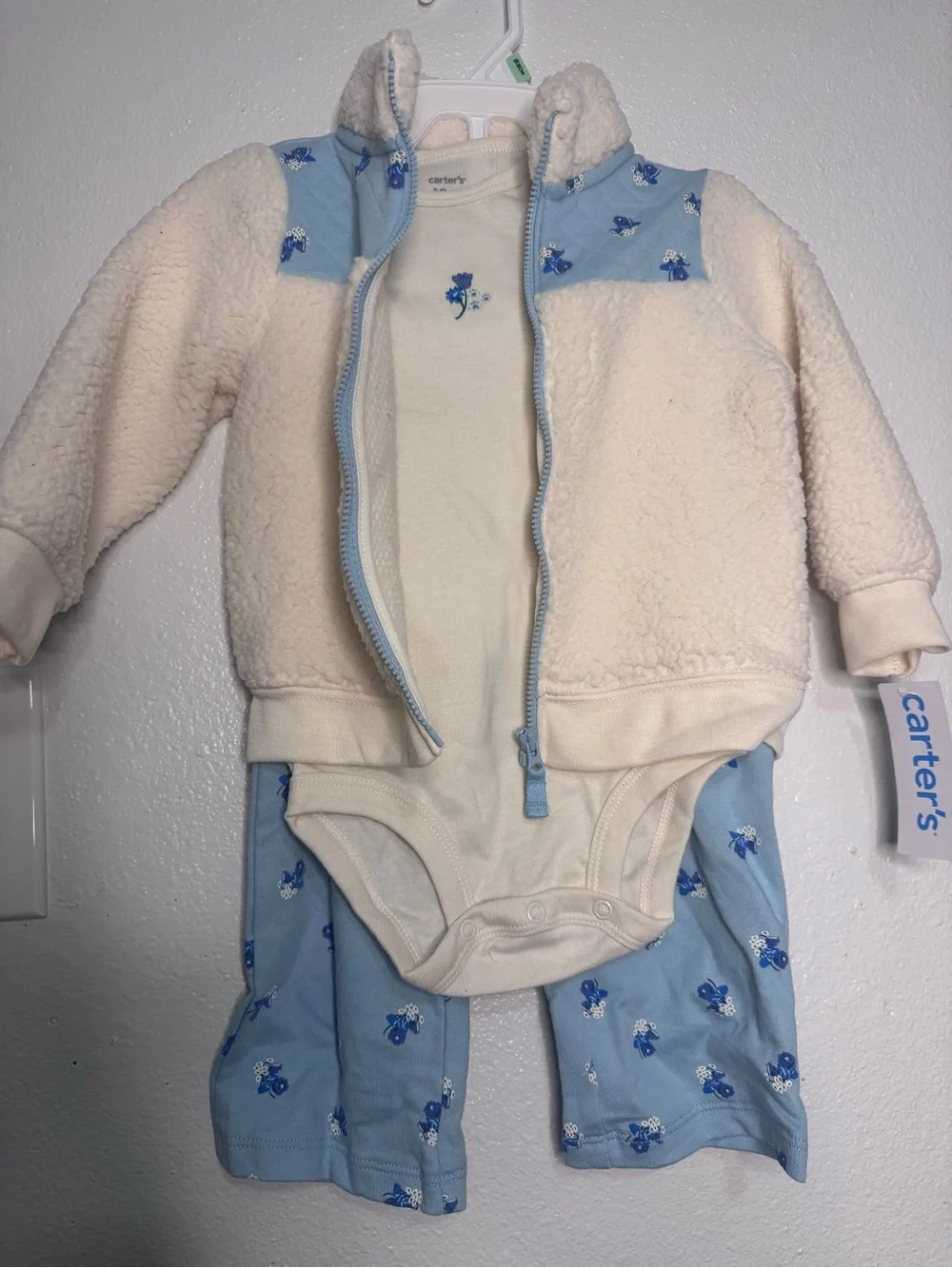 Carter's Cream Sherpa Jacket with Light Blue Floral Bodysuit & Pants Set